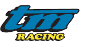 A blue and yellow logo for tm racing on a white background.