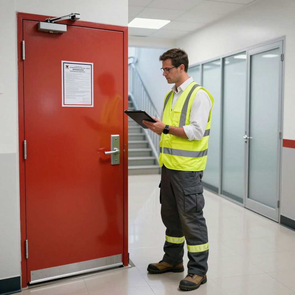 Man in safety vest inspecting a red fire door with a tablet in a hallway.