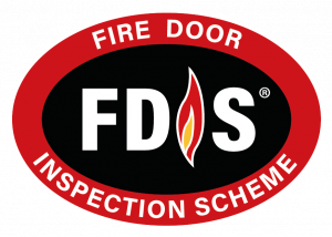 Fire Door Inspection Scheme logo: Red oval with