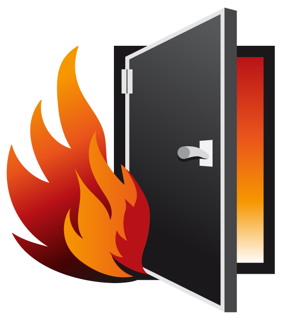 A black door open to fire, flames engulfing the exterior.