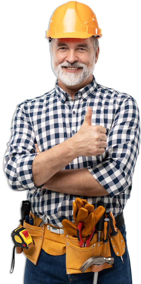 A man wearing a hard hat and tool belt is giving a thumbs up.