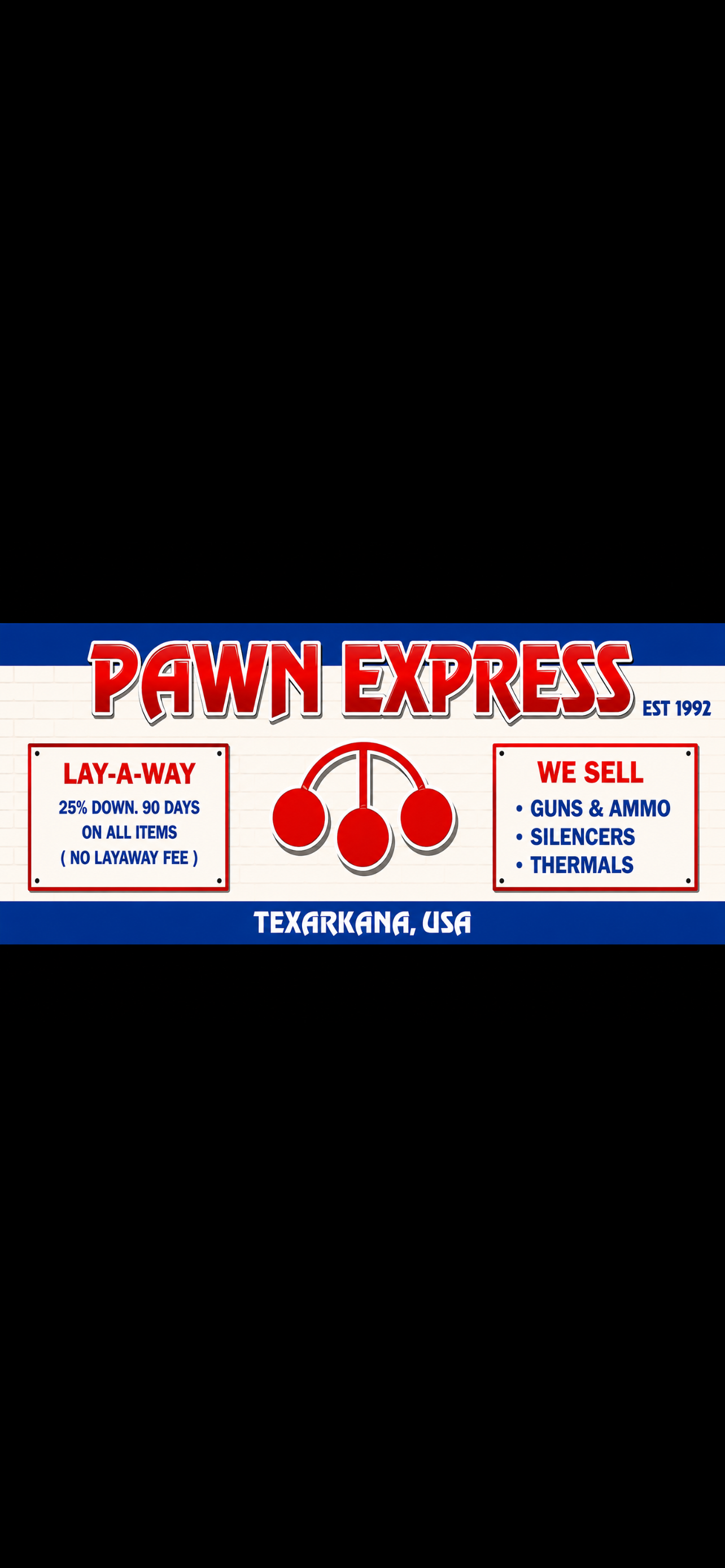 Pawn Express logo on blue, with red text, hanging scales, and menu panels for services and locations