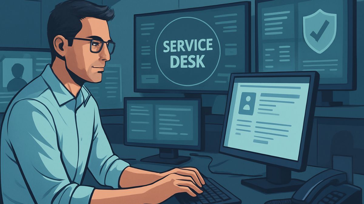 Profissional de TI operando um service desk com a LenanzoTech em ambiente corporativo moderno.