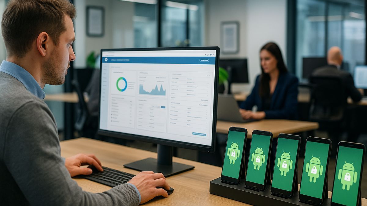 Técnicos especializados realizando gerenciamento de dispositivos Android com a LenanzoTech em um ambiente corporativo moderno. gerenciamento de dispositivos Android com a LenanzoTech