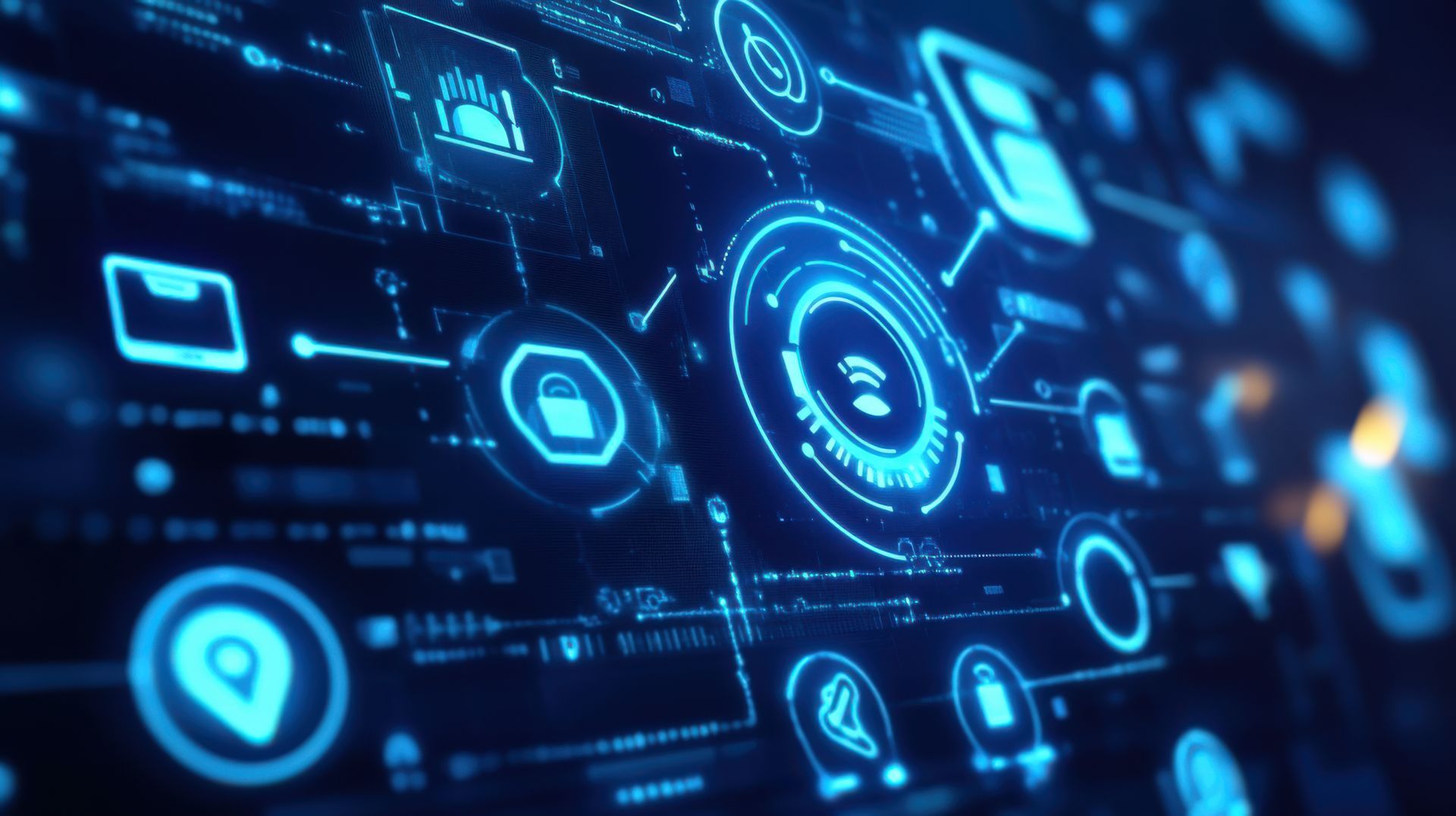 Blue digital interface with glowing icons and connected lines, possibly for network or security display.