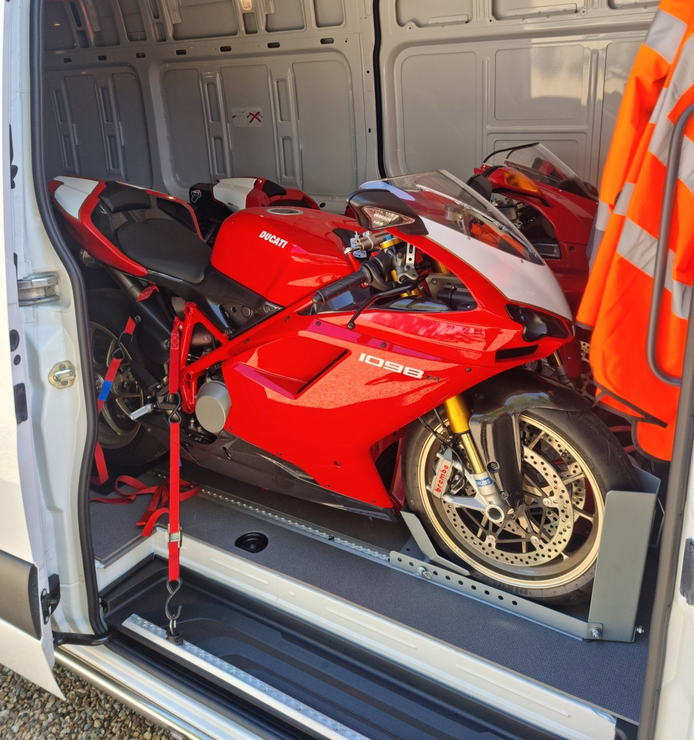 2 Ducati motorcycles  secured in a Sprinter for transport with MTC Transport