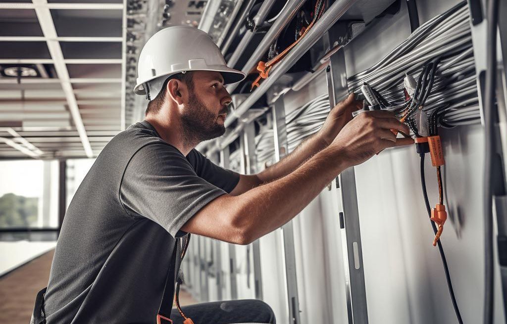 A man wearing a hard hat is working on a wall.