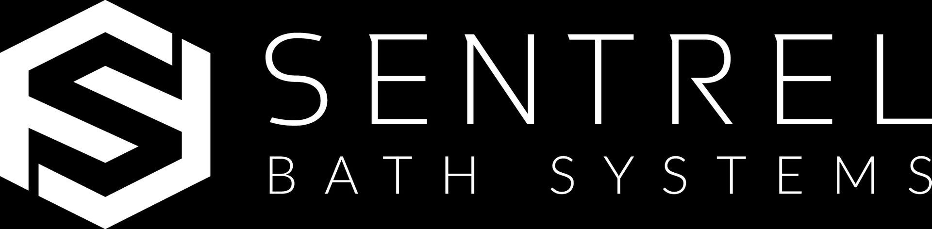The logo for sentrel bath systems is black and white.