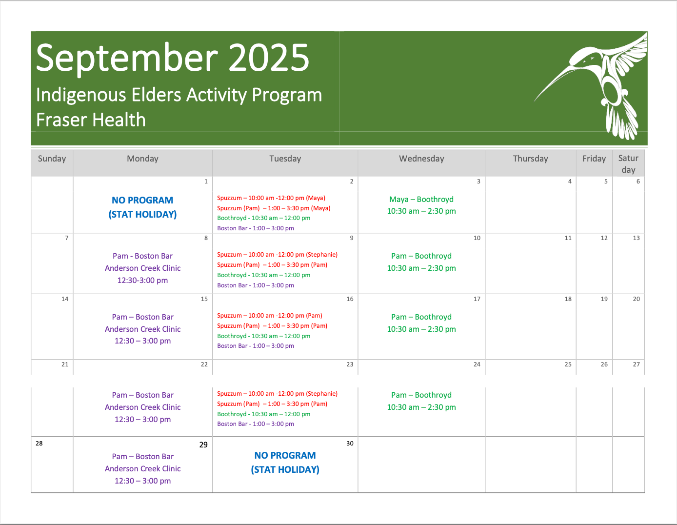 Schedule for upcoming Indigenous Elder Activites