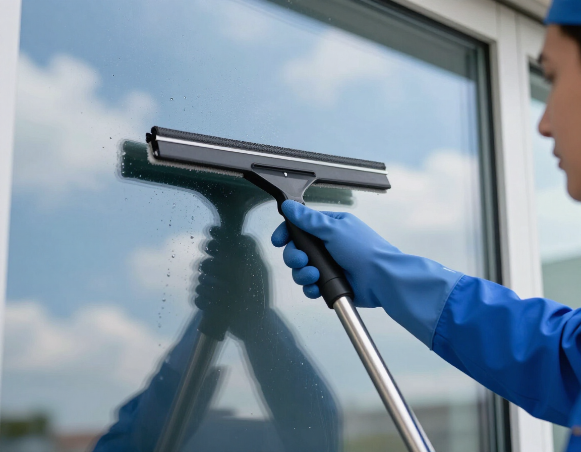 Professional window cleaner in action