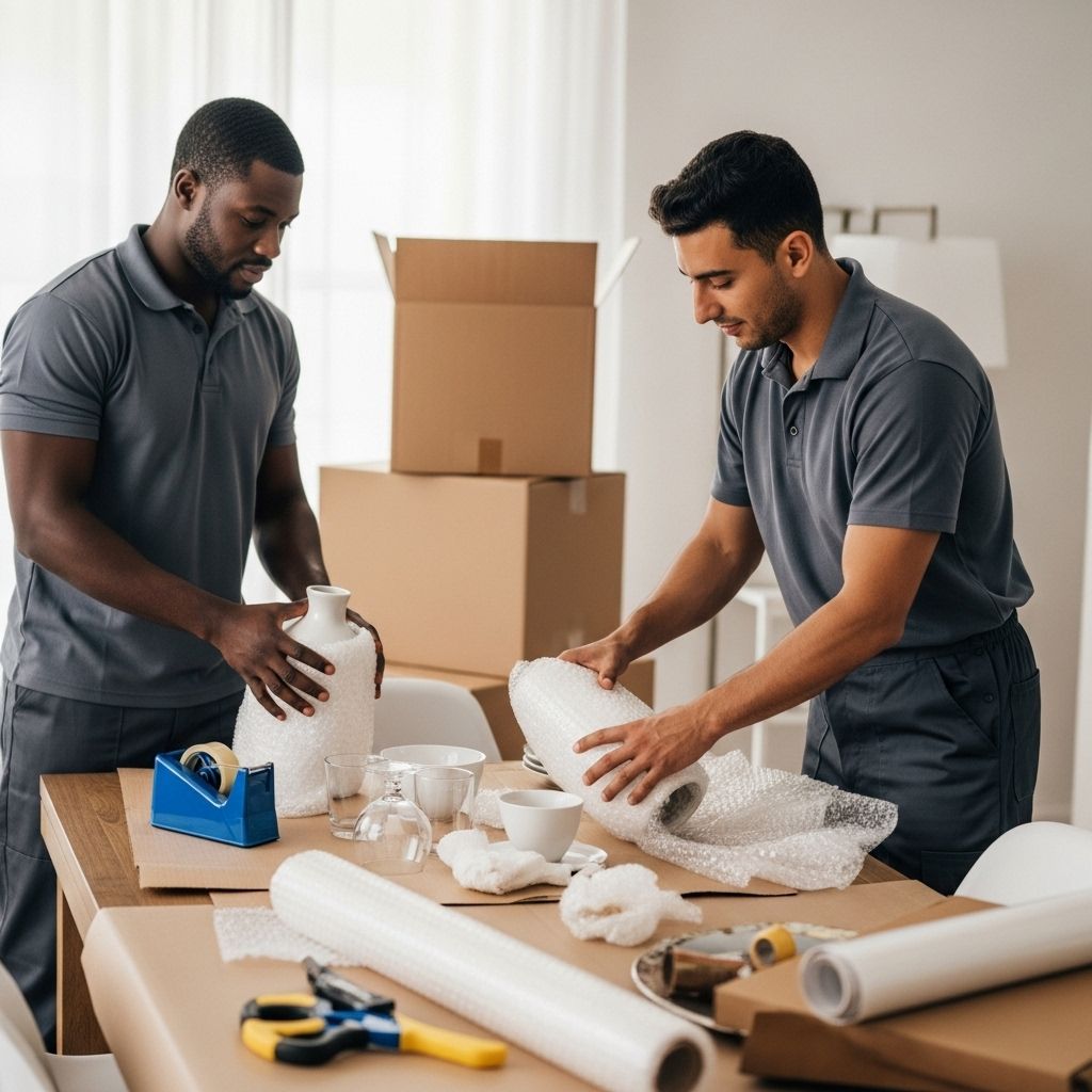 Two men packing items on a table with boxes. One wraps a vase, other holds it.