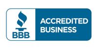 the bbb logo is blue and white and says accredited business .
