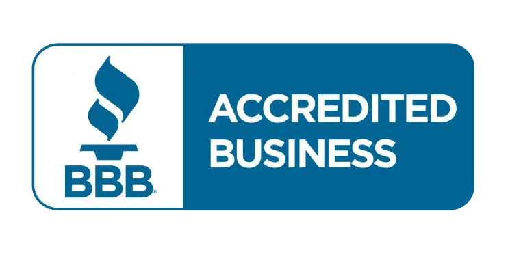 the bbb logo is blue and white and says accredited business .