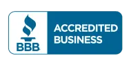 the bbb logo is blue and white and says accredited business .