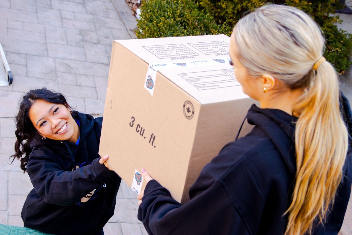 a group of movers are loading boxes into a van .