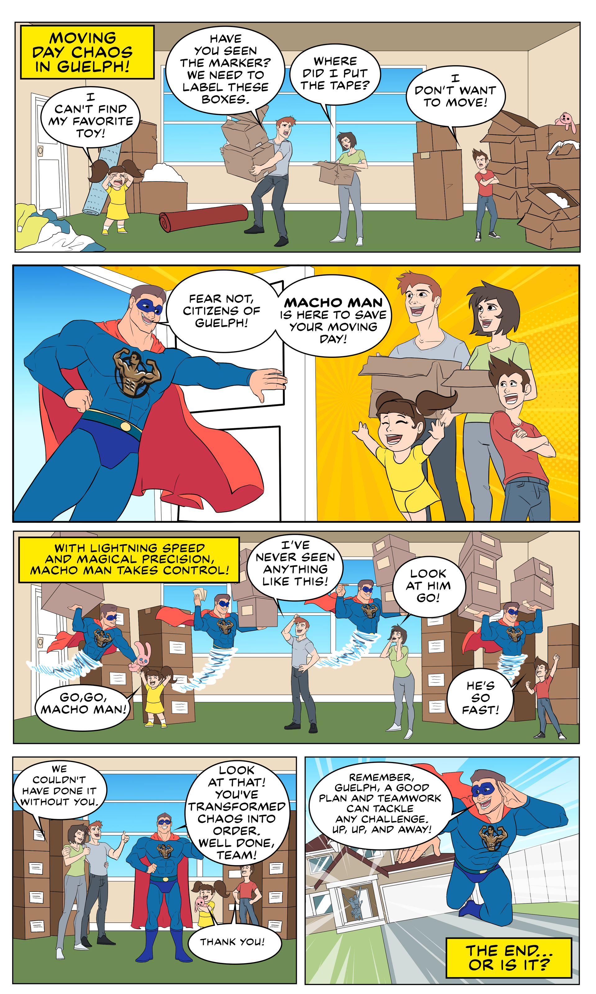 A cartoon of a man dressed as superman moving into a new house.