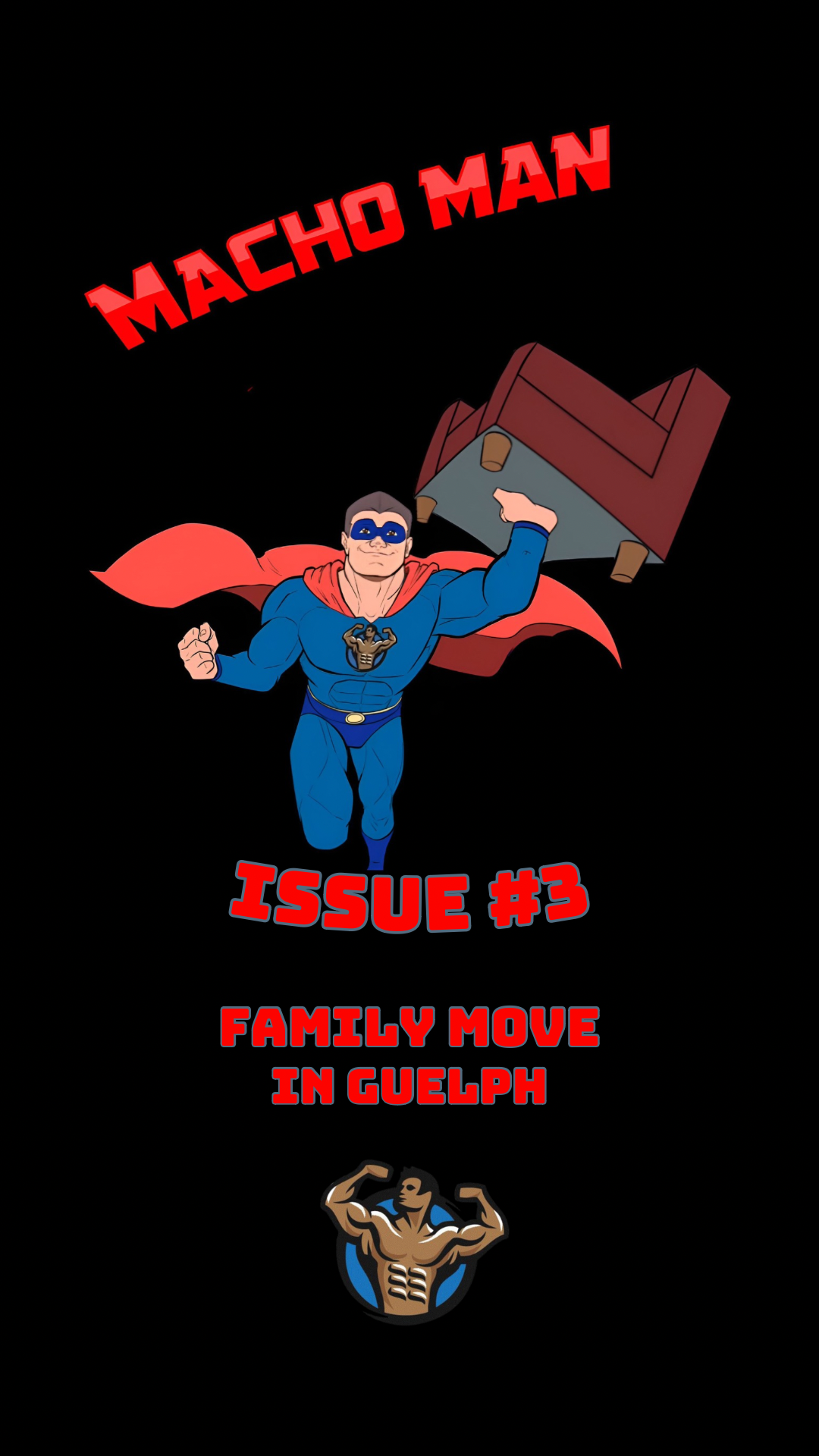 A cartoon of a man in a superhero costume holding a couch.