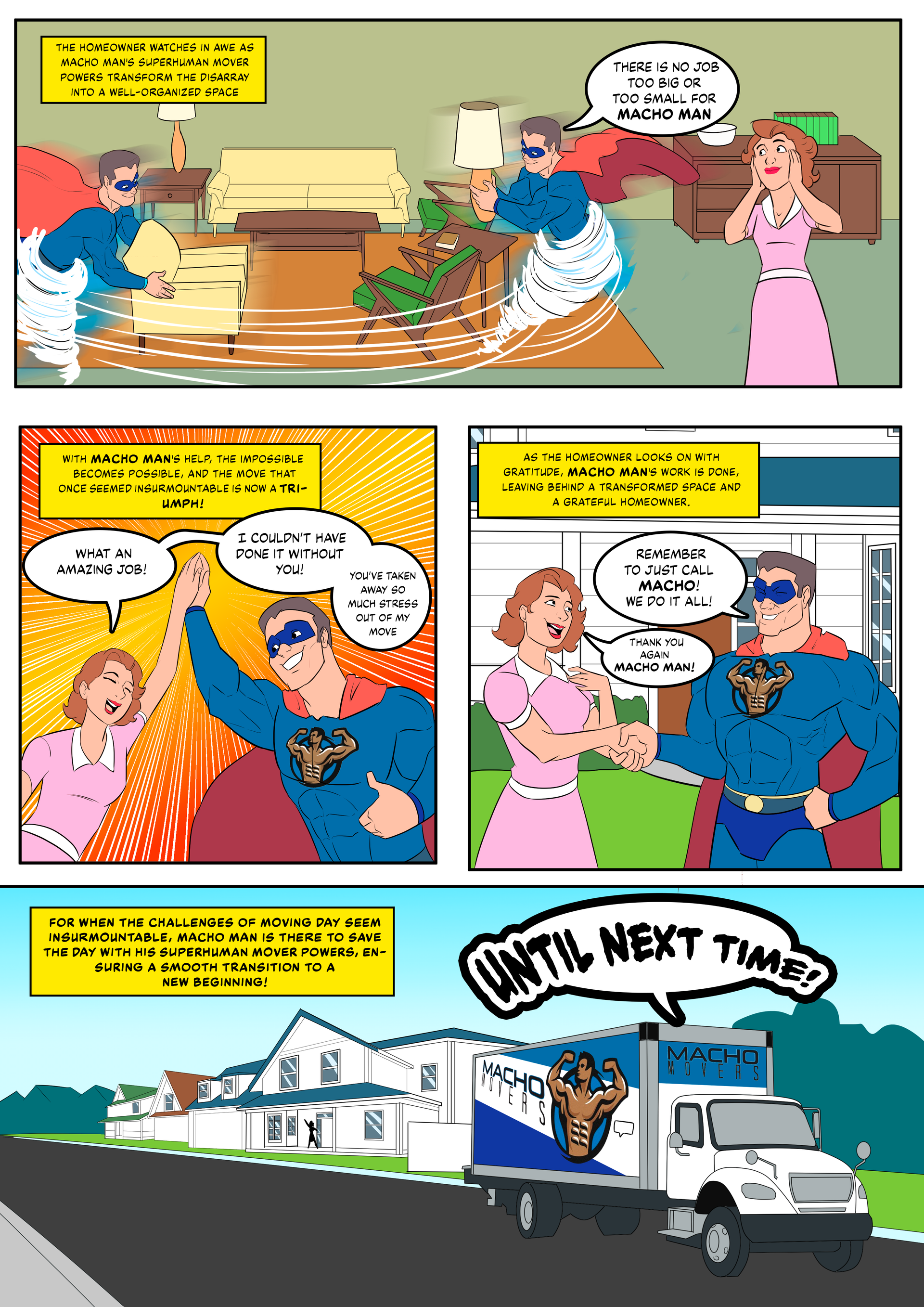 A comic strip shows a man and woman talking to each other and a truck that says until next time