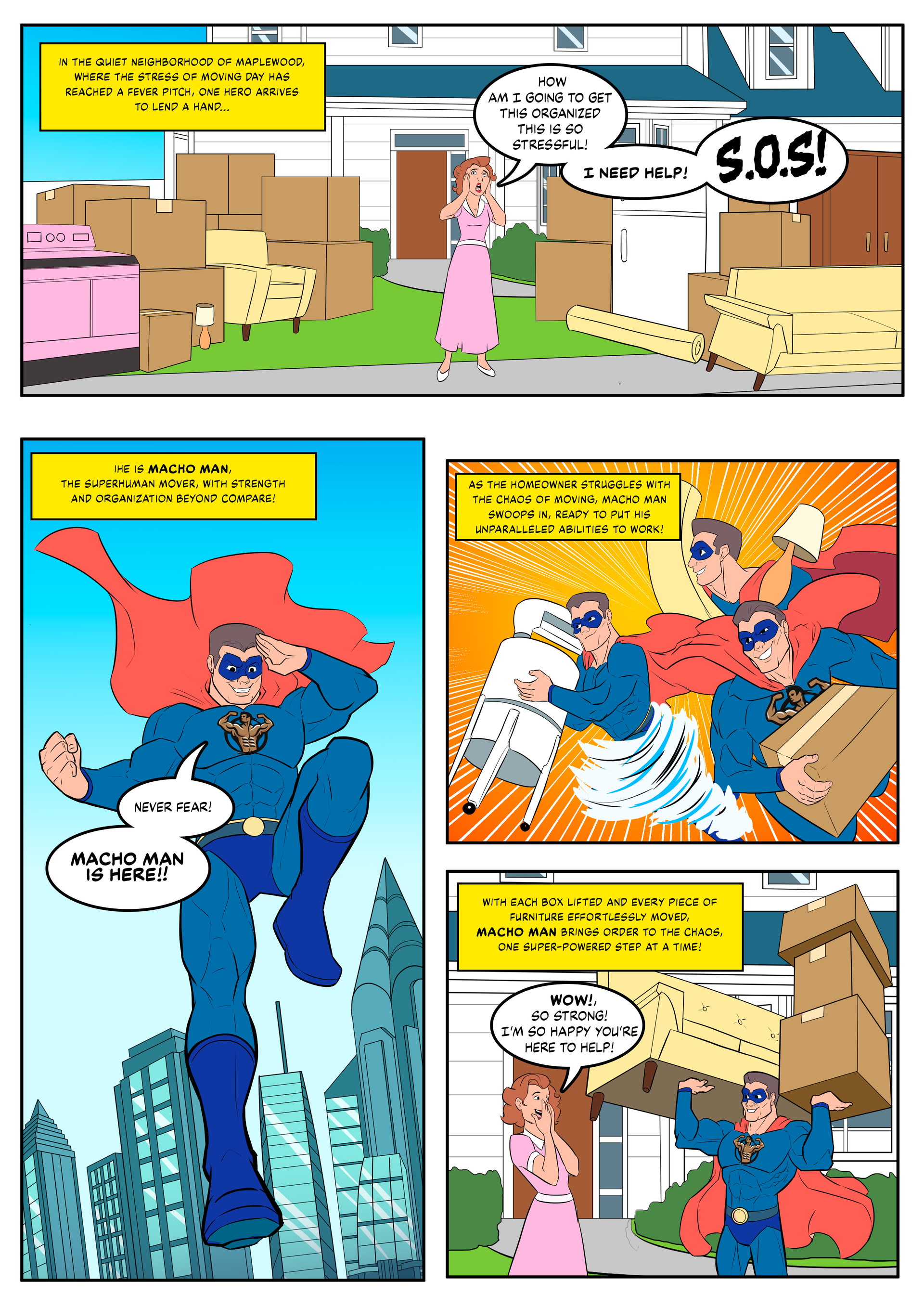 A cartoon of a superhero carrying boxes and talking to a woman