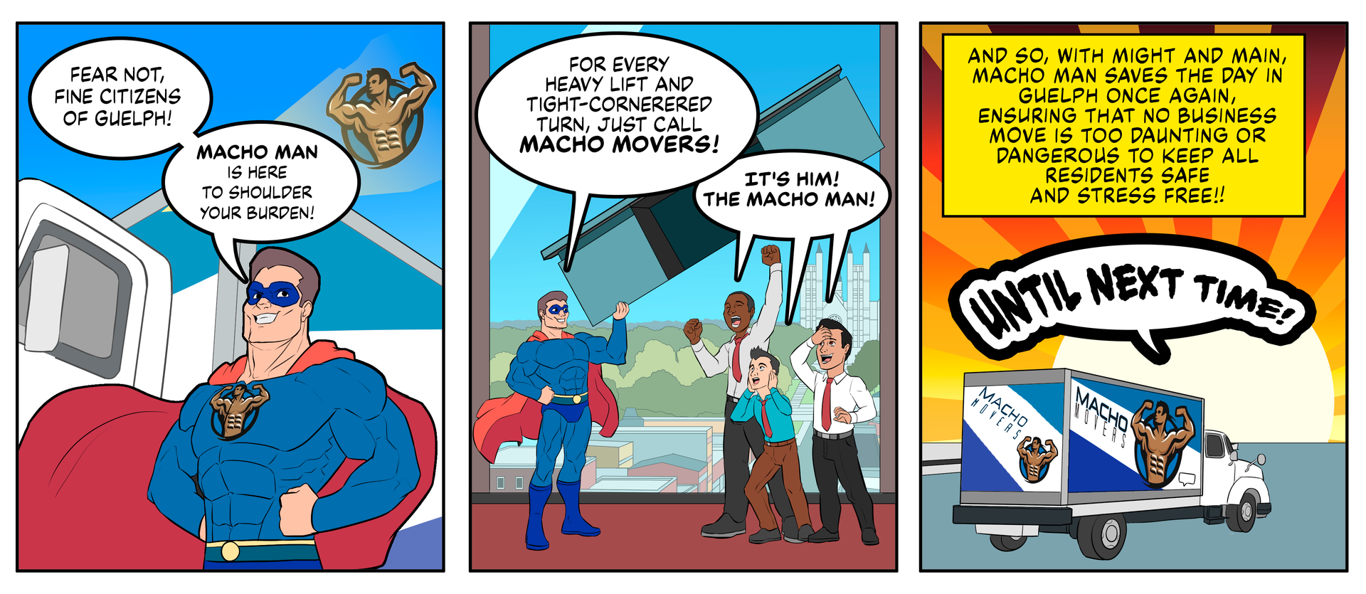 A comic strip shows a man in a superhero costume