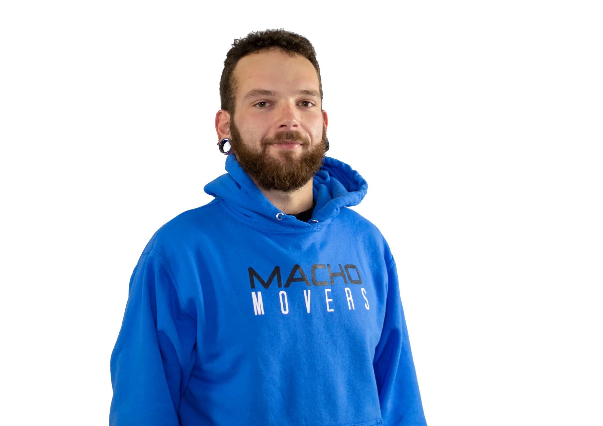 a man with a beard wearing a blue hoodie that says macho moves