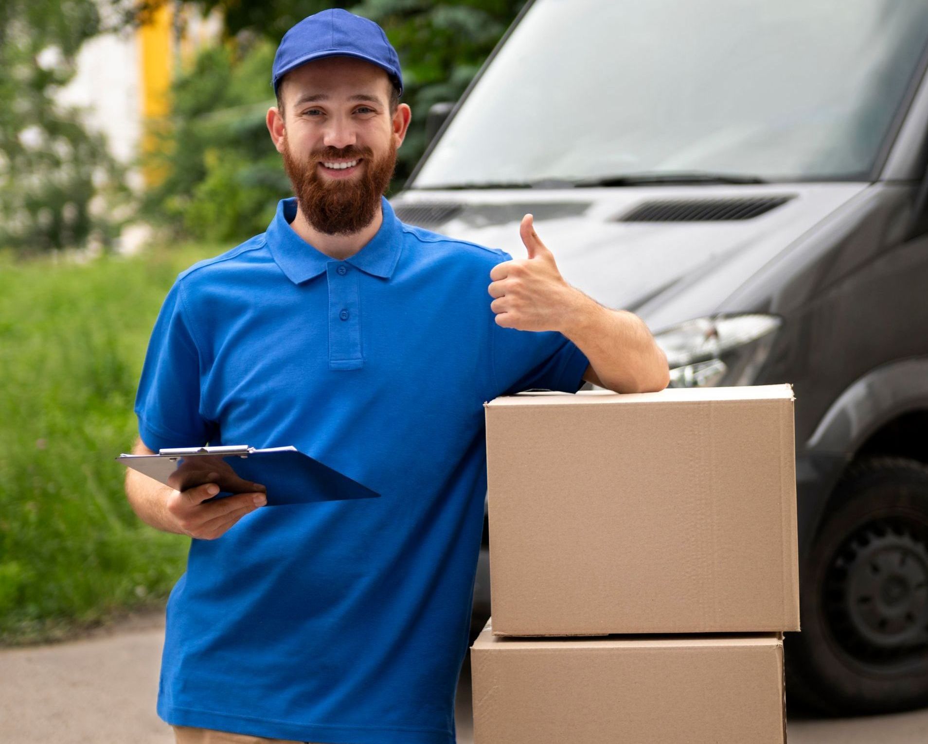 a delivery man is standing next to a stack of cardboard boxes and giving a thumbs up .