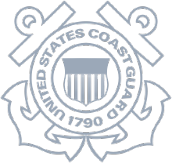 United States Coast Guard emblem: a shield, anchors, and text on a light blue background.