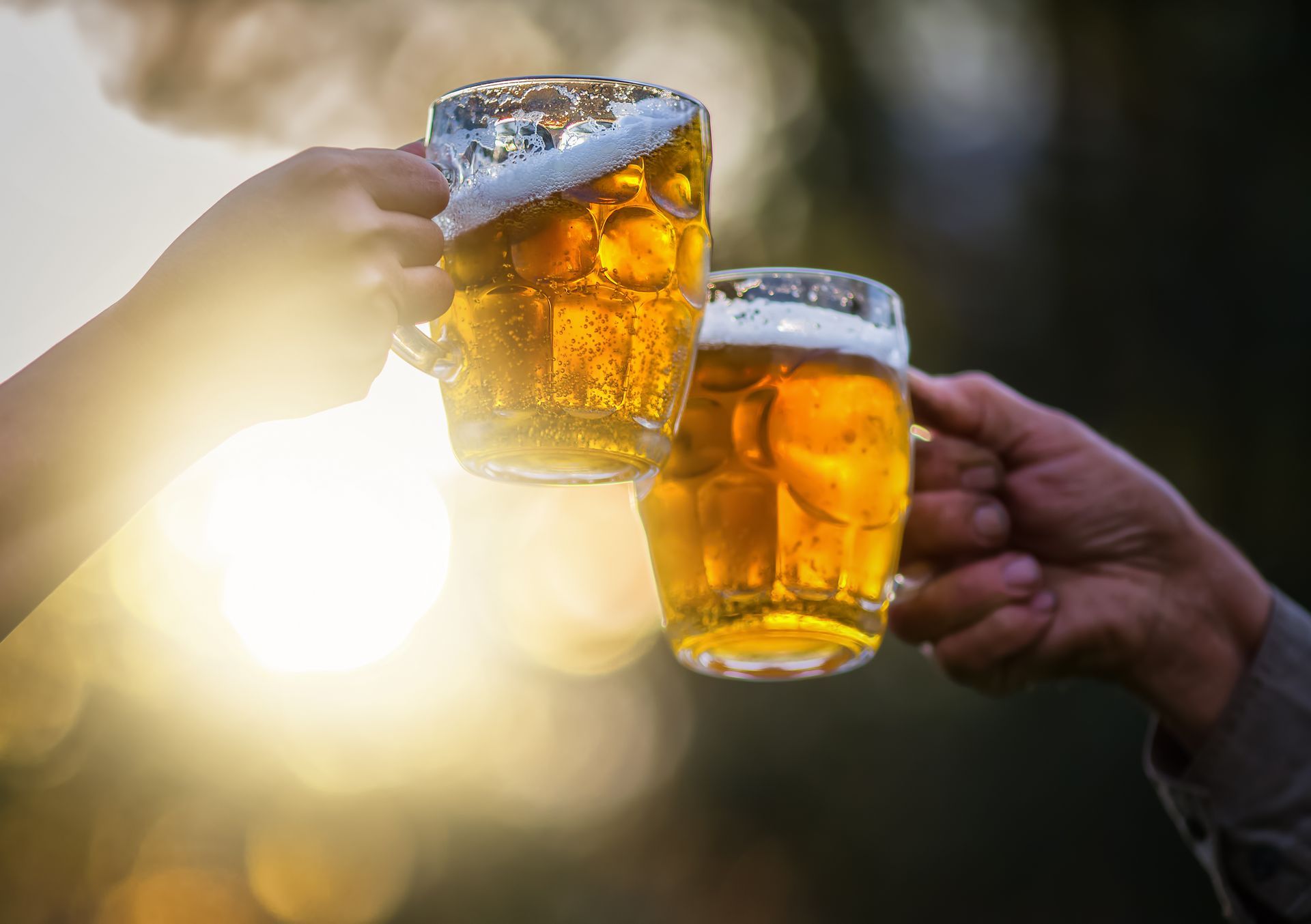 Two beer mugs clink in a toast, backlit by a bright sunset.