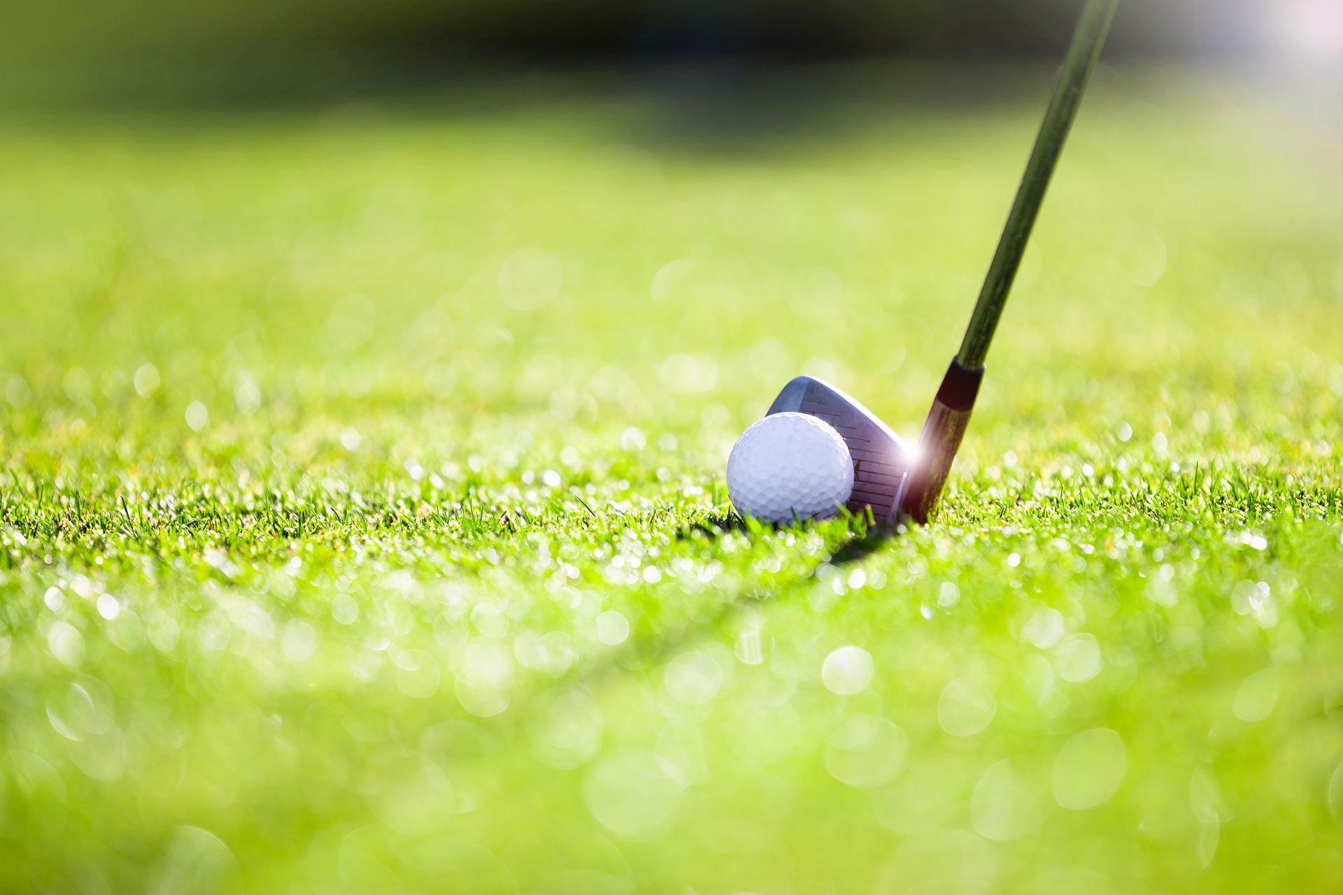 A golf club is hitting a golf ball on a green.