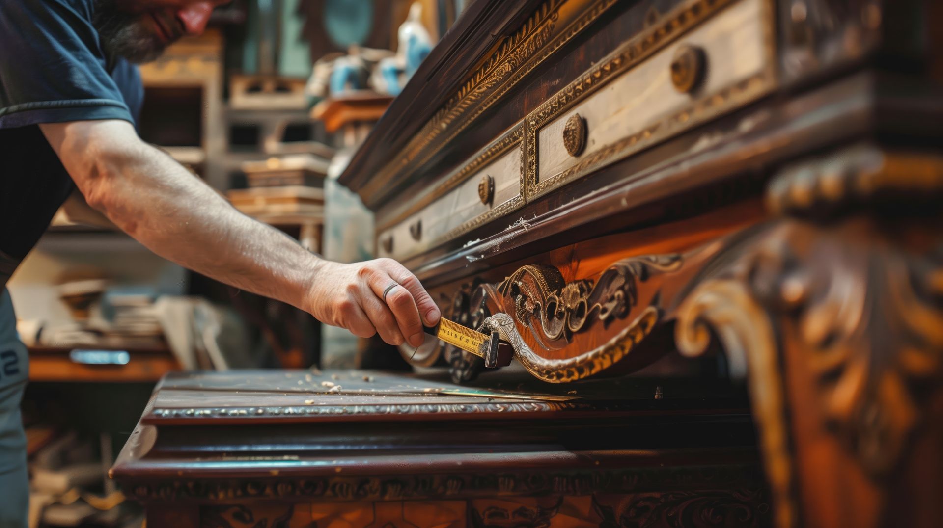 A man is working on a wooden table in a workshop.
