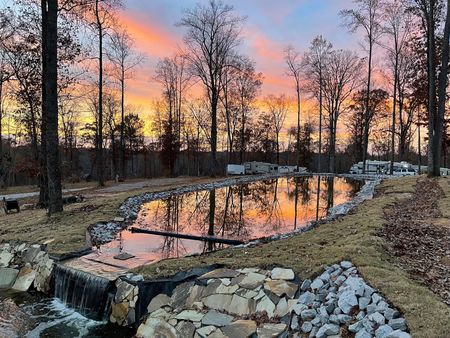 A Koi pond surrounded by trees and RVs.