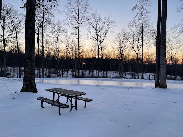 Red Coach Resort campsite beside the snow covered pond
