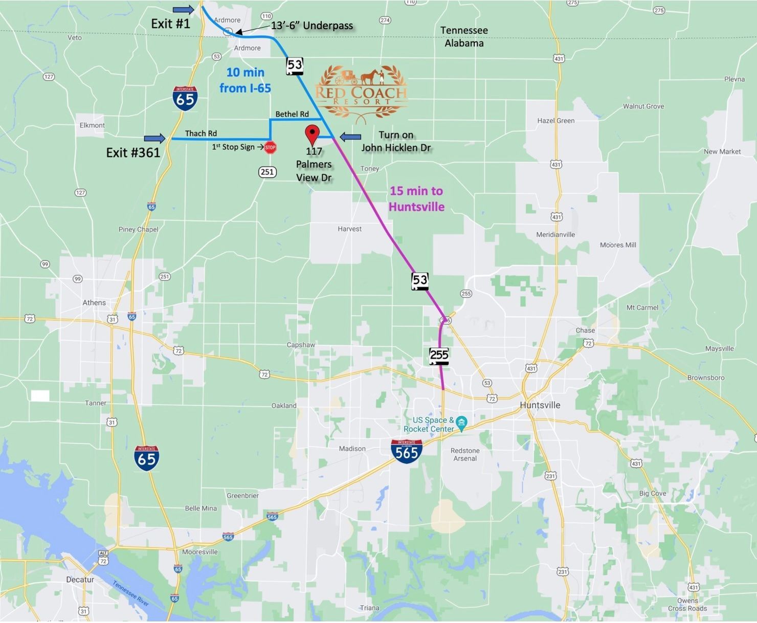 Directions to Red Coach Resort from Interstate I-65 and I-565