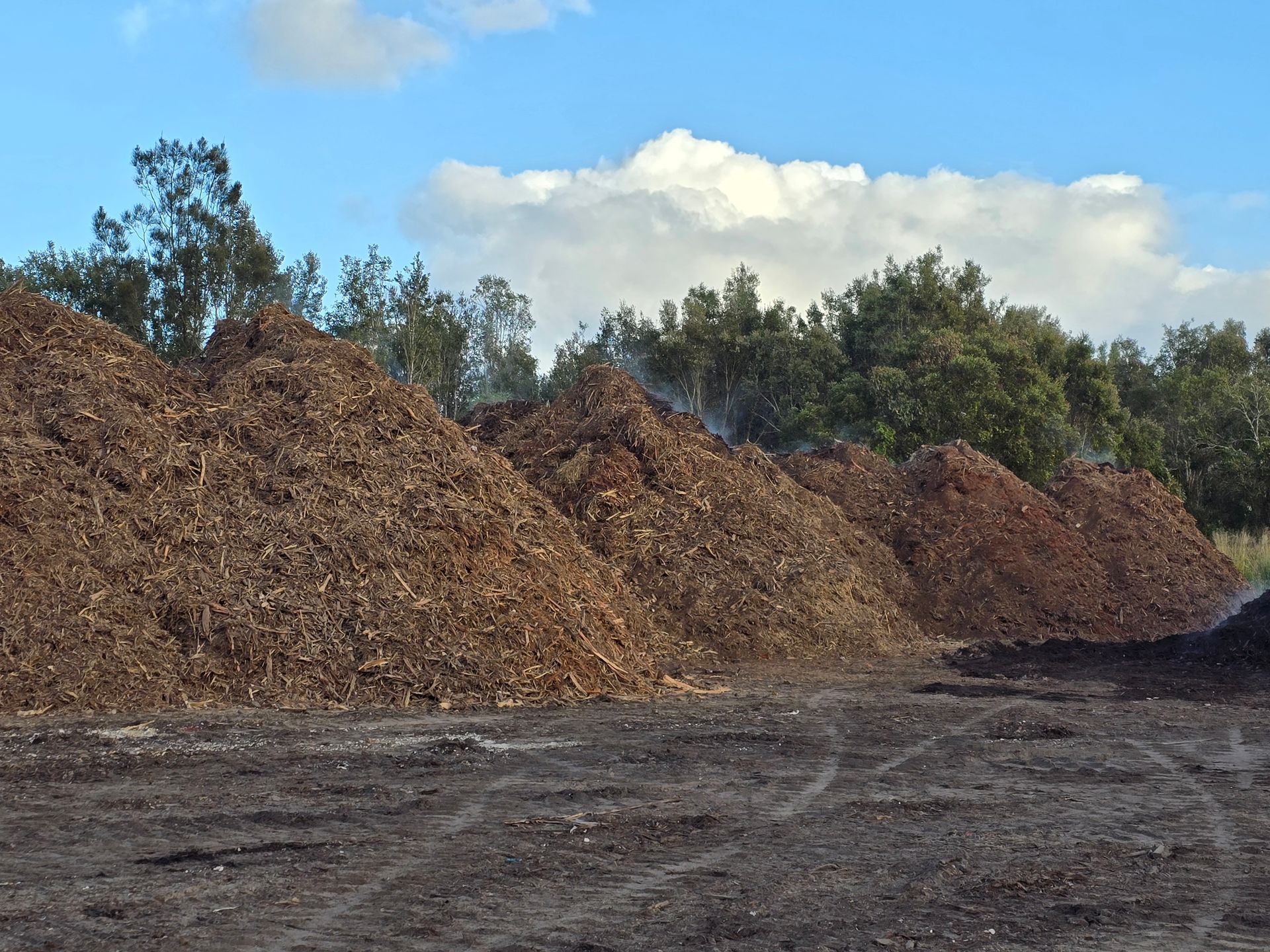 Piles of Red, Tan, and Dark Brown Mulch Sit Outside on a Sunny Day — Coastal Sand Soil & Mulch in Fraser Coast, QLD