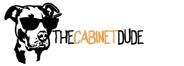 Dog wearing sunglasses, logo for "The Cabinet Dude."