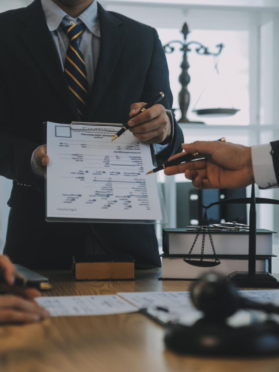 Two people in formal suits pointing at a document on a clipboard in a law office with scales of justice in the background.