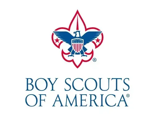 The Boy Scouts of America logo, featuring a blue eagle crest on a red fleur-de-lis with text below.