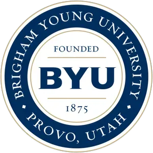 Circular logo of Brigham Young University in navy blue and white, featuring the letters 