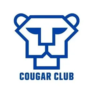 A minimalist blue line art logo of a cougar head centered above the text 