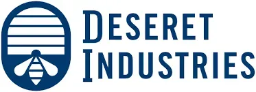 The Deseret Industries logo, featuring a blue circular icon of a beehive above a bee, next to the text 