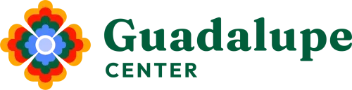 Guadalupe Center logo: A colorful, four-petal floral icon next to the green text 