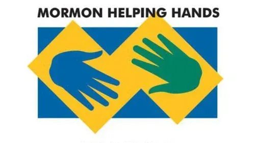 The Mormon Helping Hands logo features two overlapping hands in blue and green on yellow squares against a blue background.