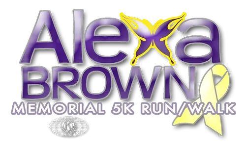 Logo for the Alexa Brown Memorial 5K Run/Walk featuring purple text, a yellow butterfly, and a yellow awareness ribbon.