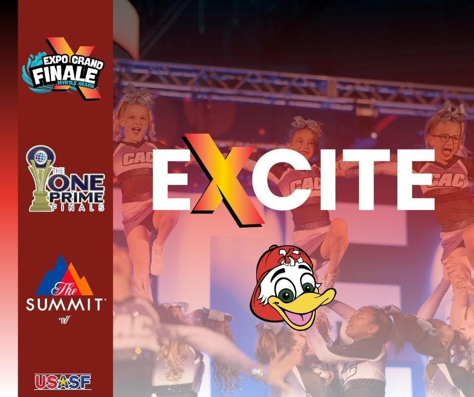 A poster for the excite championships with cheerleaders and a duck