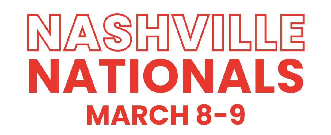 The logo for the nashville nationals is red and white and says march 8-9.