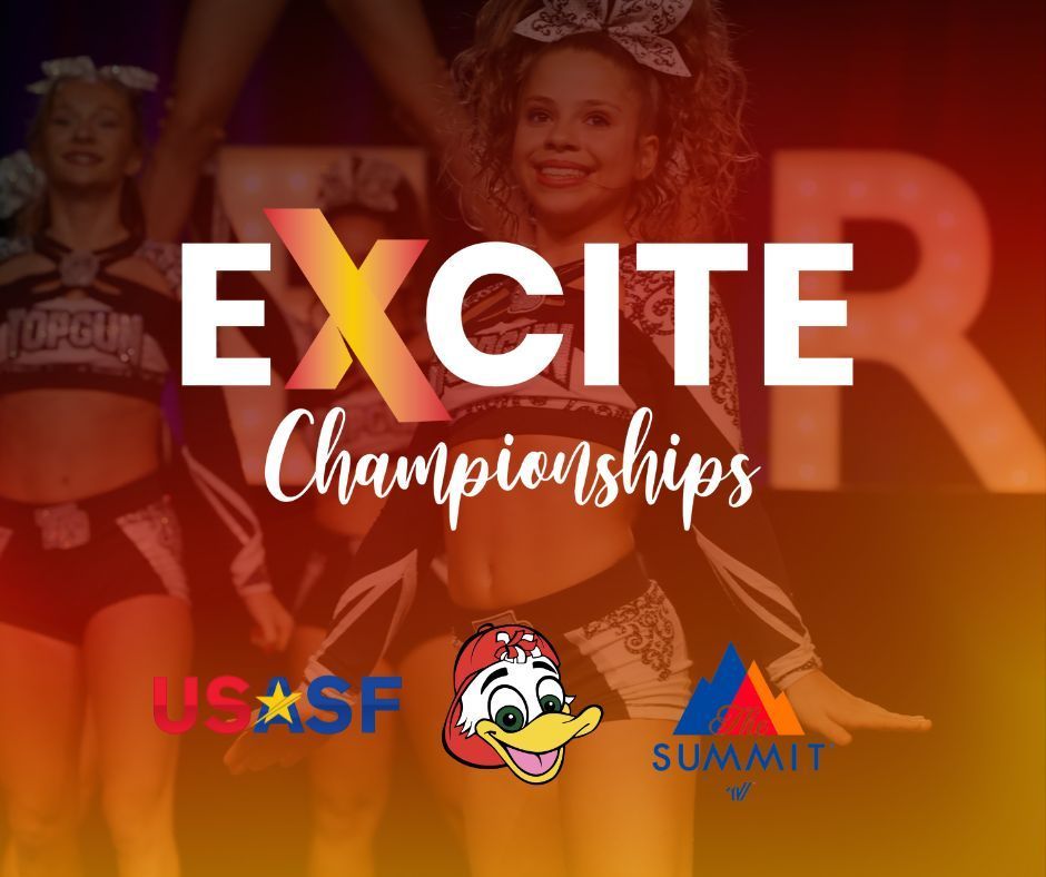 A poster for the excite championships with cheerleaders and a duck