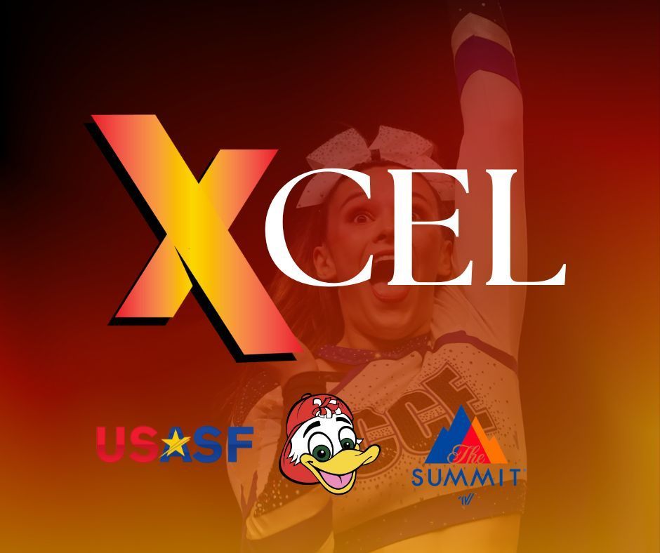 A cheerleader with the word xcel on the top