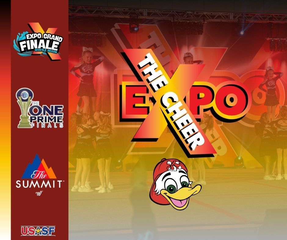 A poster for the cheer expo with a duck on it