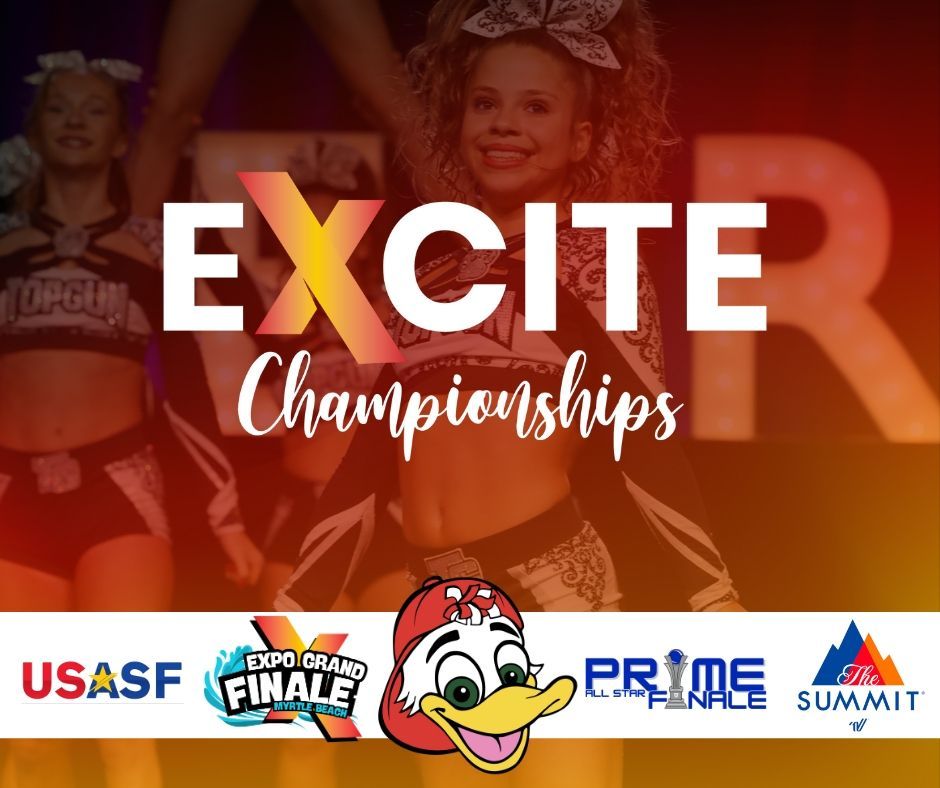 A poster for the excite championships with cheerleaders and a duck