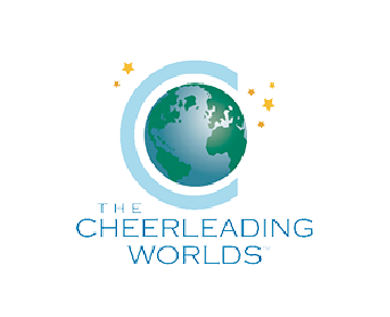 A logo for the cheerleading worlds with a globe in the center